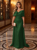 Sequin Off The Shoulder Mermaid Long Evening Dresses with Bow