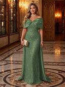 Sequin Off The Shoulder Mermaid Long Evening Dresses with Bow