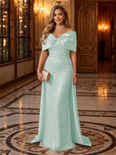 Sequin Off The Shoulder Mermaid Long Evening Dresses with Bow