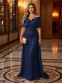 Sequin Off The Shoulder Mermaid Long Evening Dresses with Bow