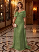 Sequin Off The Shoulder Mermaid Long Evening Dresses with Bow