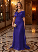 Sequin Off The Shoulder Mermaid Long Evening Dresses with Bow