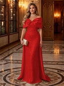 Sequin Off The Shoulder Mermaid Long Evening Dresses with Bow