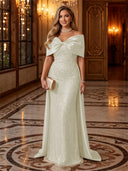 Sequin Off The Shoulder Mermaid Long Evening Dresses with Bow