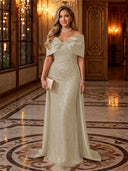 Sequin Off The Shoulder Mermaid Long Evening Dresses with Bow