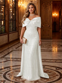 Sequin Off The Shoulder Mermaid Long Evening Dresses with Bow