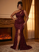 Plus Size Sequin Mermaid One Shoulder Long Evening Dresses