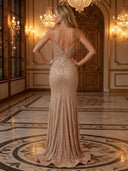 Sequin Mermaid V Neck Spaghetti Straps Long Evening Dresses with Slit