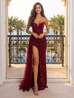 Sequin Strapless High Slit Mermaid Long Evening Dresses