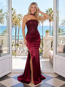 Sequin Satin Ruched High Slit Strapless Long Evening Dresses