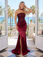 Sequin Satin Ruched High Slit Strapless Long Evening Dresses