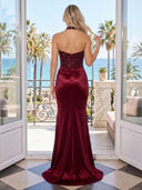 Sequin Satin Ruched High Slit Strapless Long Evening Dresses