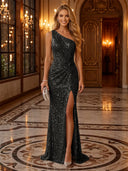 Sequin Ruched One Shoulder Long Evening Dresses with Slit