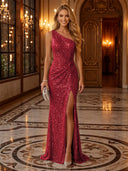 Sequin Ruched One Shoulder Long Evening Dresses with Slit