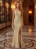 Sequin Ruched One Shoulder Long Evening Dresses with Slit
