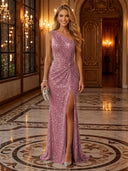 Sequin Ruched One Shoulder Long Evening Dresses with Slit