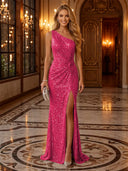 Sequin Ruched One Shoulder Long Evening Dresses with Slit