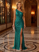 Sequin Ruched One Shoulder Long Evening Dresses with Slit