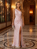 Sequin Ruched One Shoulder Long Evening Dresses with Slit