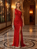 Sequin Ruched One Shoulder Long Evening Dresses with Slit