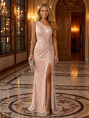 Sequin Ruched One Shoulder Long Evening Dresses with Slit