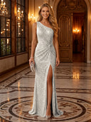 Sequin Ruched One Shoulder Long Evening Dresses with Slit