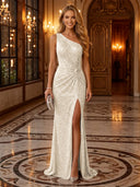 Sequin Ruched One Shoulder Long Evening Dresses with Slit