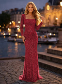 Sequin Ruched Square Neck Long Evening Dresses with Sleeves