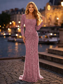 Sequin Ruched Square Neck Long Evening Dresses with Sleeves