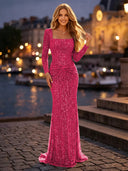 Sequin Ruched Square Neck Long Evening Dresses with Sleeves