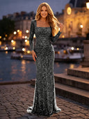 Sequin Ruched Square Neck Long Evening Dresses with Sleeves
