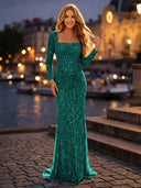 Sequin Ruched Square Neck Long Evening Dresses with Sleeves