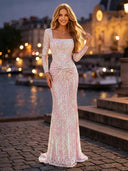 Sequin Ruched Square Neck Long Evening Dresses with Sleeves