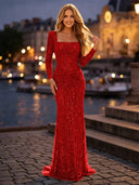 Sequin Ruched Square Neck Long Evening Dresses with Sleeves