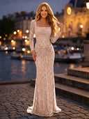 Sequin Ruched Square Neck Long Evening Dresses with Sleeves