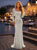 Sequin Ruched Square Neck Long Evening Dresses with Sleeves