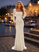 Sequin Ruched Square Neck Long Evening Dresses with Sleeves