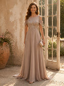 Chiffon Round Neck Formal Dresses Beaded Cold Shoulder Long Evening Dress Wedding Guest