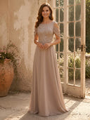 Chiffon Round Neck Formal Dresses Beaded Cold Shoulder Long Evening Dress Wedding Guest