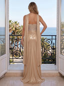 Sequin Mermaid V Neck Spaghetti Straps Long Evening Dresses with Scarf