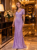 Sequin Mermaid V Neck Short Sleeves Long Evening Dresses
