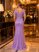 Sequin Mermaid V Neck Short Sleeves Long Evening Dresses