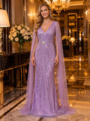 Sequin Mermaid V Neck Long Evening Dresses with Cape Sleeves