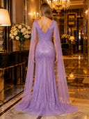 Sequin Mermaid V Neck Long Evening Dresses with Cape Sleeves