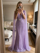 Sequin Mermaid V Neck Long Evening Dresses with Cape Sleeves