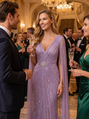 Sequin Mermaid V Neck Long Evening Dresses with Cape Sleeves