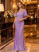 Sparkly Sequin Flutter Sleeve Mermaid Square Neck Long Evening Dresses
