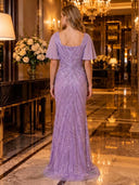 Sparkly Sequin Flutter Sleeve Mermaid Square Neck Long Evening Dresses