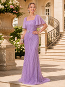 Sparkly Sequin Flutter Sleeve Mermaid Square Neck Long Evening Dresses