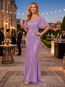 Sparkly Sequin Flutter Sleeve Mermaid Square Neck Long Evening Dresses